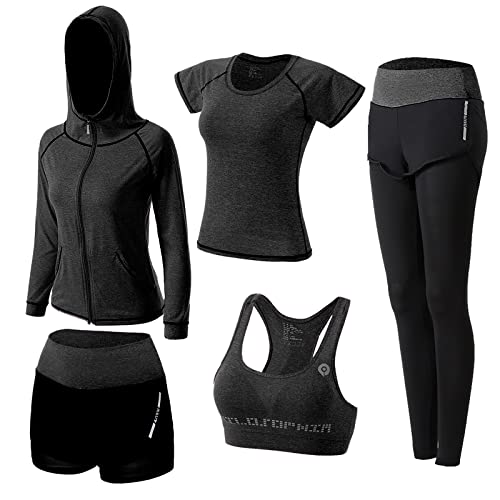 ZETIY Women's 5pcs Yoga Suit Sweatsuit Women's Activewear Sets Sport Yoga Fitness Clothing Ladies Workout Outfit Sportsuits for Running Jogging Gym