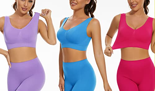 Lemef 3-Pack Seamless Sports Bra Wirefree Yoga Bra with Removable Pads for Women, Rose Red&dark Blue&dark Purple, XL