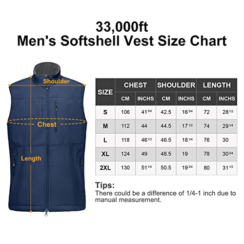 33,000ft Mens Softshell Gilet Activewear Vests Windproof Fleece Lined Outerwear Zipped Pockets Sleeveless Softshell Jacket for Leisure, Golf, Travelling Blue M