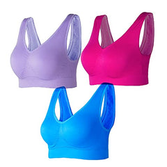 Lemef 3-Pack Seamless Sports Bra Wirefree Yoga Bra with Removable Pads for Women, Rose Red&dark Blue&dark Purple, XL