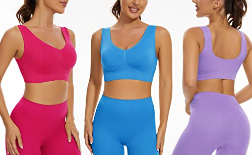 Lemef 3-Pack Seamless Sports Bra Wirefree Yoga Bra with Removable Pads for Women, Rose Red&dark Blue&dark Purple, XL