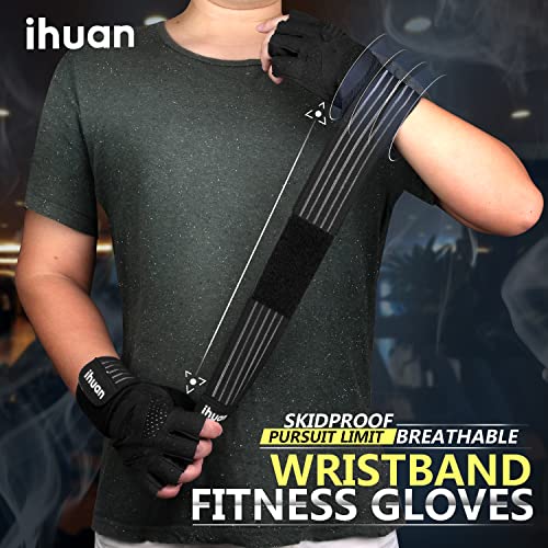 ihuan Ventilated Weight Lifting Gym Workout Gloves with Wrist Wrap Support for Men & Women, Full Palm Protection, for Weightlifting, Training, Fitness, Hanging, Pull ups (Medium, Black)