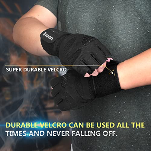 ihuan Ventilated Weight Lifting Gym Workout Gloves with Wrist Wrap Support for Men & Women, Full Palm Protection, for Weightlifting, Training, Fitness, Hanging, Pull ups (Medium, Black)