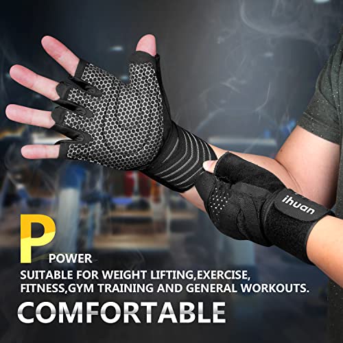 ihuan Ventilated Weight Lifting Gym Workout Gloves with Wrist Wrap Support for Men & Women, Full Palm Protection, for Weightlifting, Training, Fitness, Hanging, Pull ups (Medium, Black)