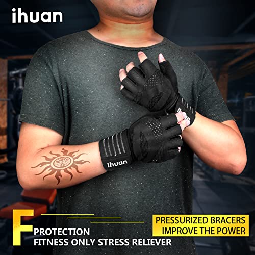 ihuan Ventilated Weight Lifting Gym Workout Gloves with Wrist Wrap Support for Men & Women, Full Palm Protection, for Weightlifting, Training, Fitness, Hanging, Pull ups (Medium, Black)