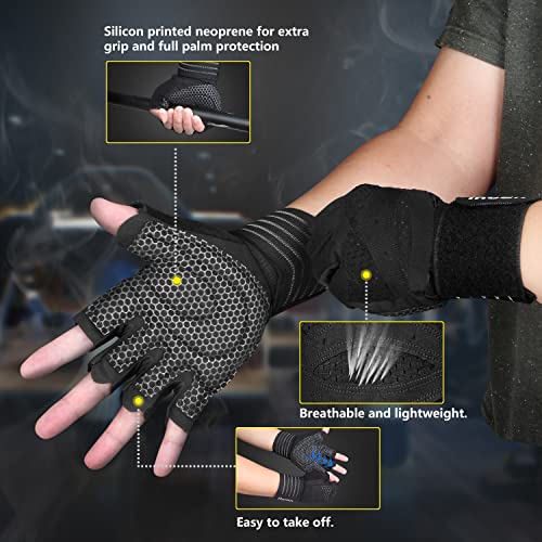 ihuan Ventilated Weight Lifting Gym Workout Gloves with Wrist Wrap Support for Men & Women, Full Palm Protection, for Weightlifting, Training, Fitness, Hanging, Pull ups (Medium, Black)